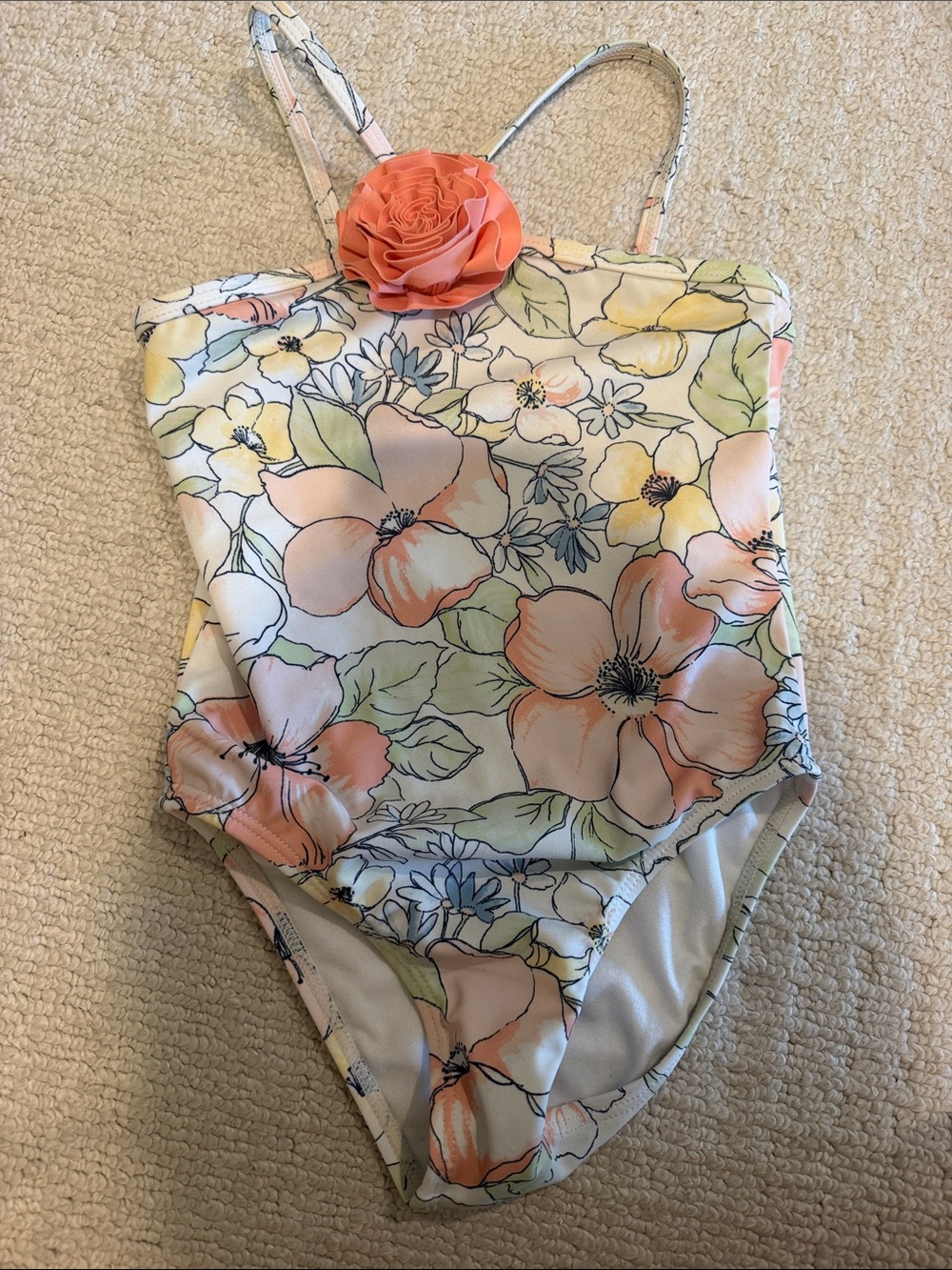 Janie & Jack Girls Floral One-Piece Swimsuit with Peach Flower Accent
